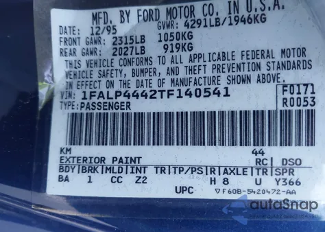 1996 Ford Mustang z USA, uszkodzony, nr VIN 1FALP4442TF140541